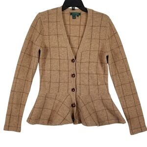 Ralph Lauren Tan Windowpane Peplum Button-Front Sweater